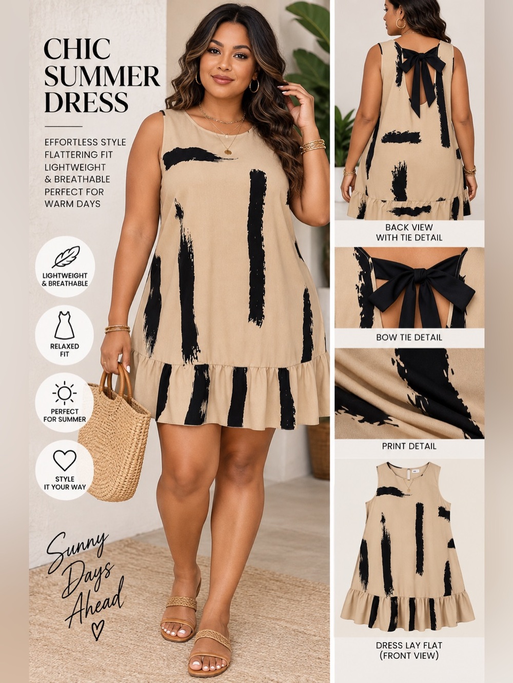 BRUSH PRINT RUFFLE HEM DRESS - KHAKI & BLACK SIZE 2XL (NEW WITH TAGS) A35